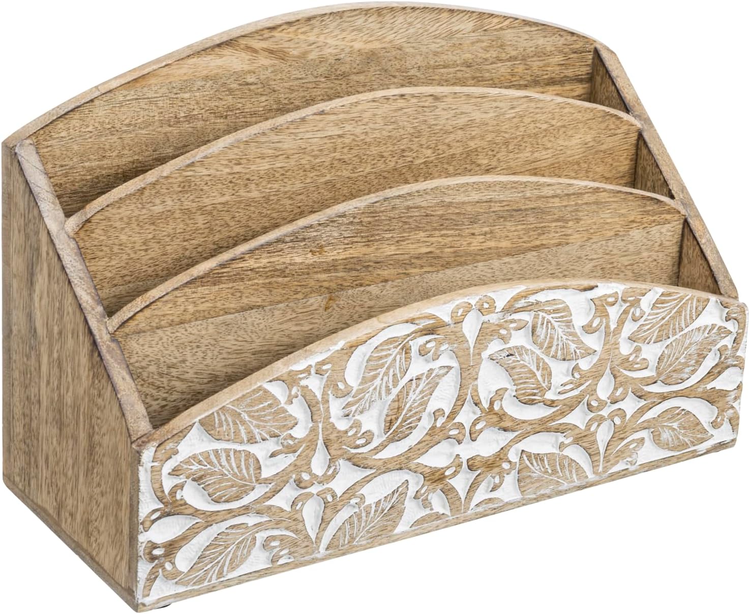 3-Tier Mango Wood Mail Holder with Hand-Carved Leaf Pattern