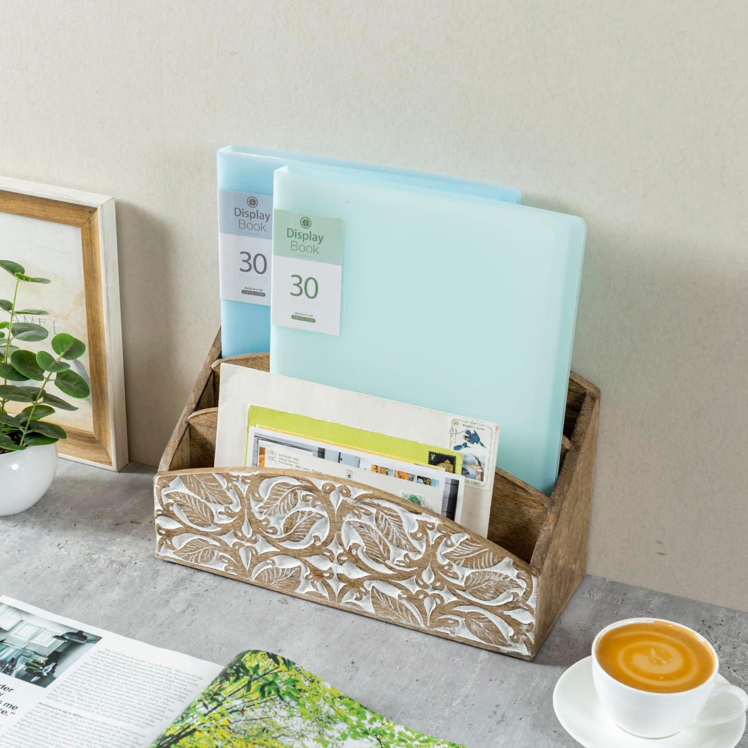 3-Tier Mango Wood Mail Holder with Hand-Carved Leaf Pattern