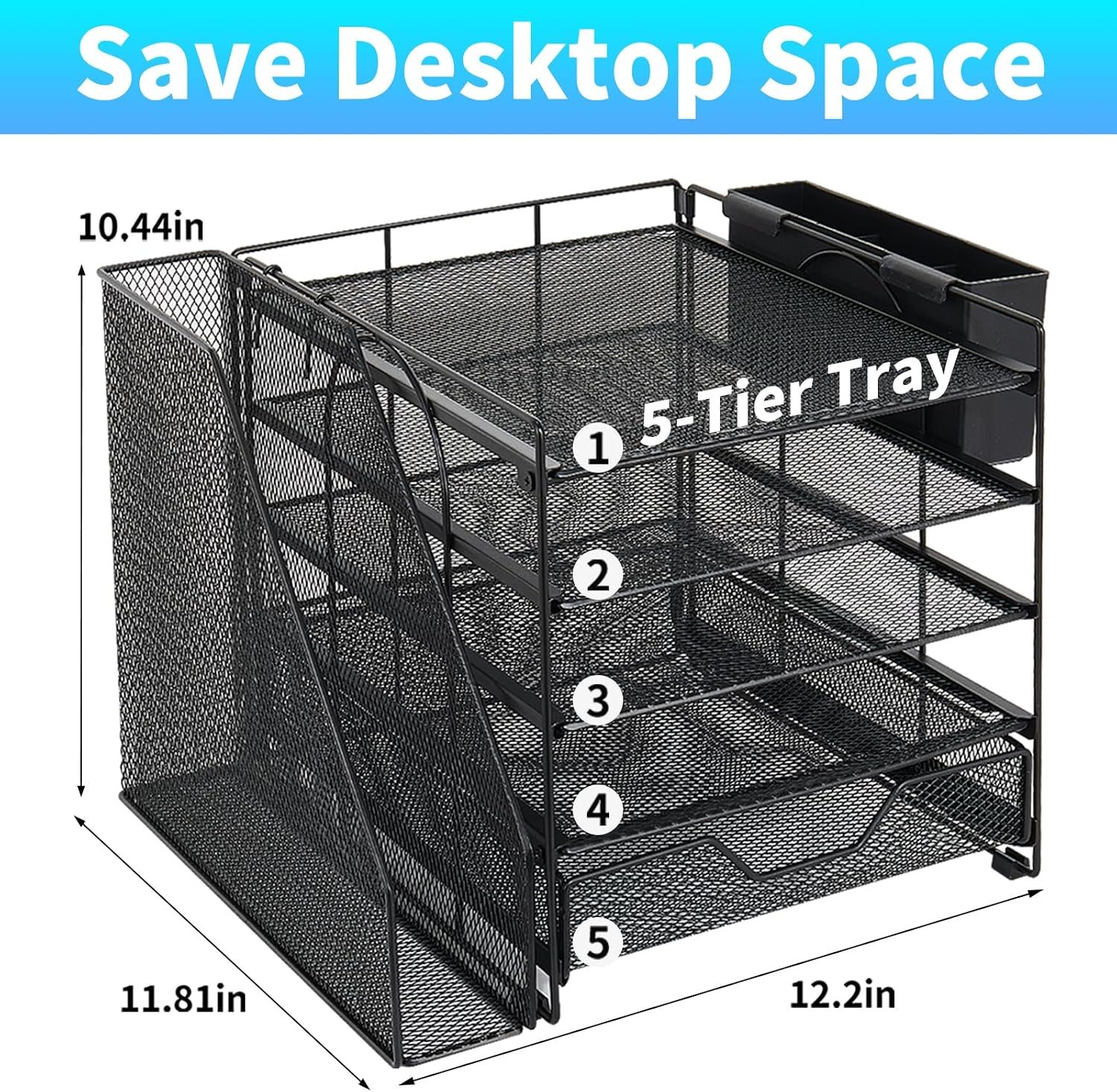 5-Tier Desk File Organiser with Drawer and Pen Holder – Black