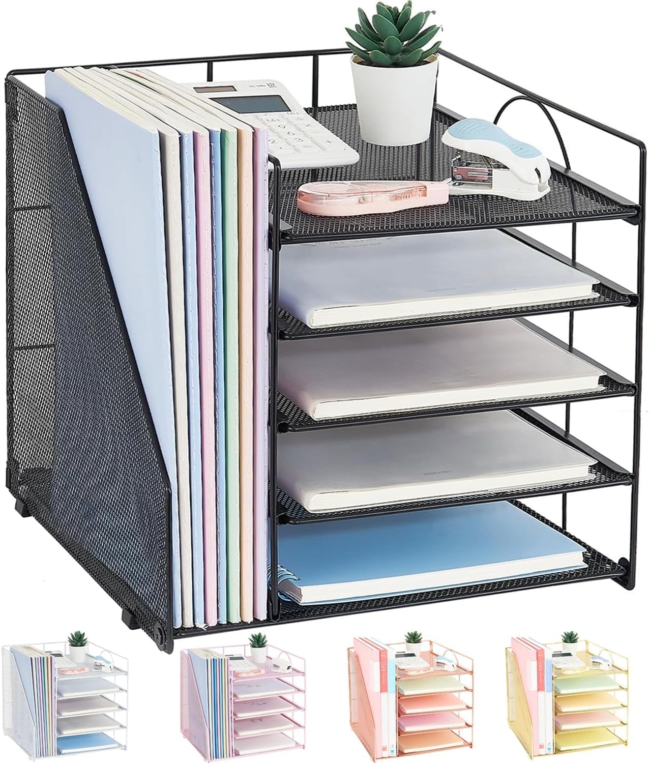 5-Tier Paper Letter Tray with File Holder – Black Desktop Organiser