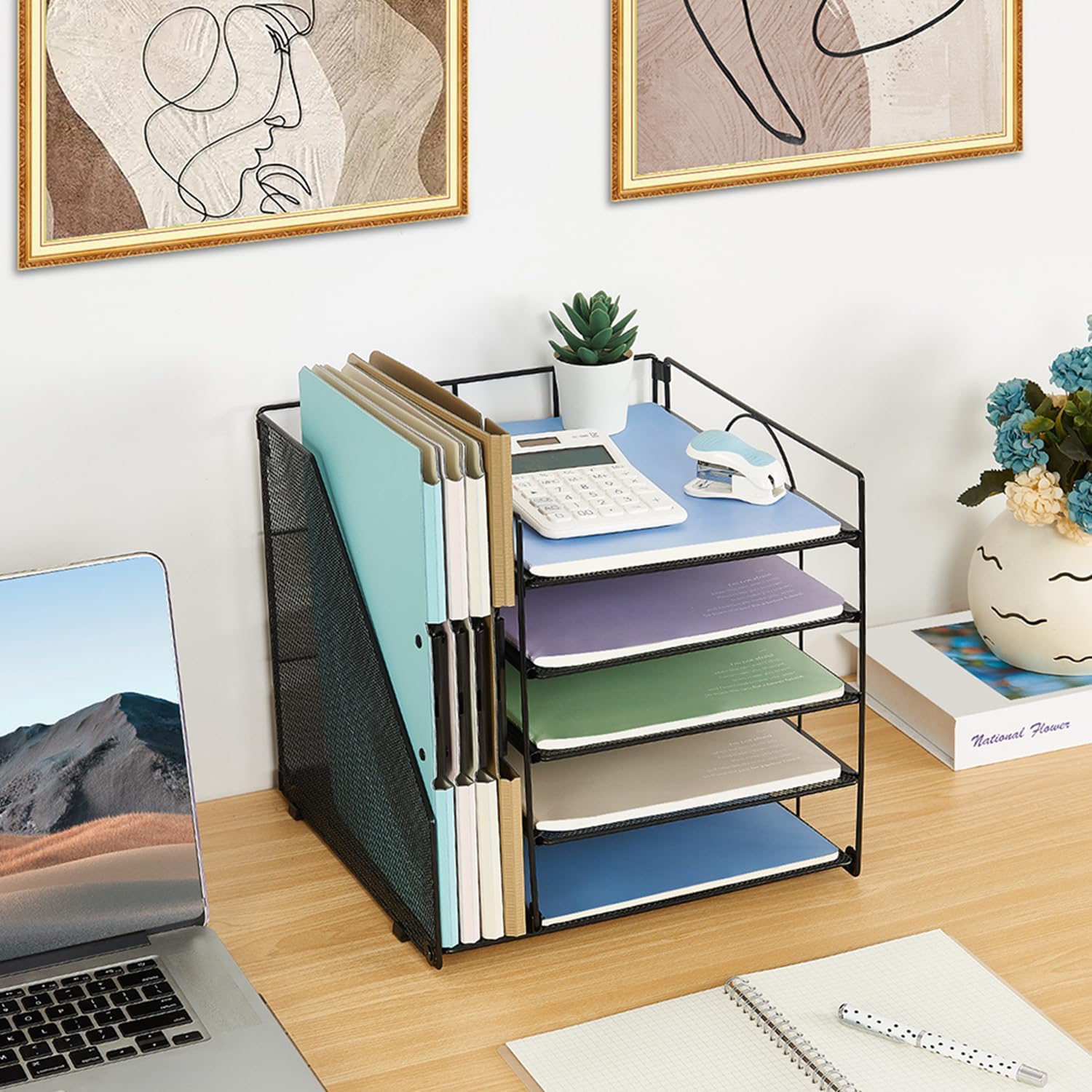 5-Tier Paper Letter Tray with File Holder – Black Desktop Organiser