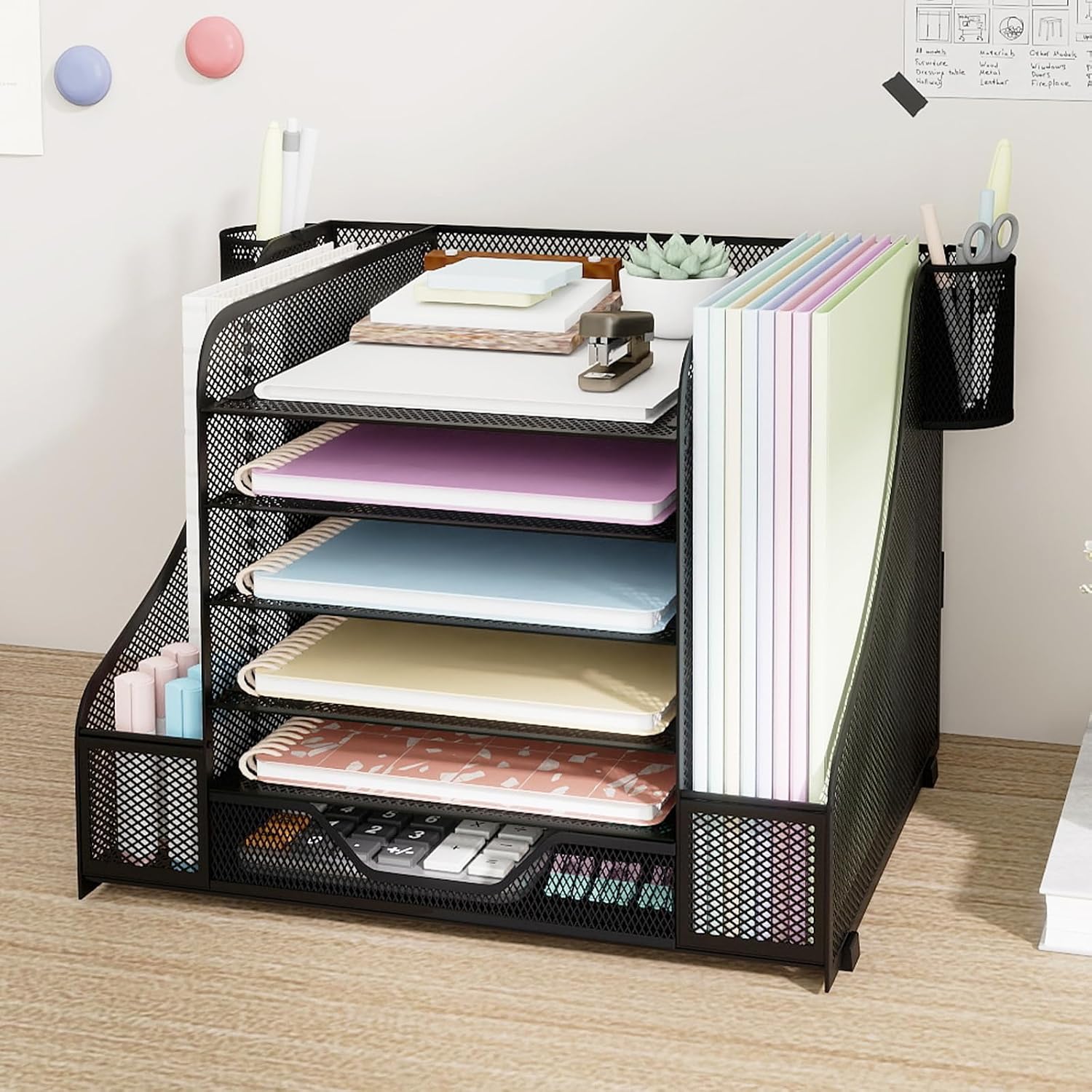 6-Tier Metal Mesh Paper Tray with Drawer and Pen Holder – Black