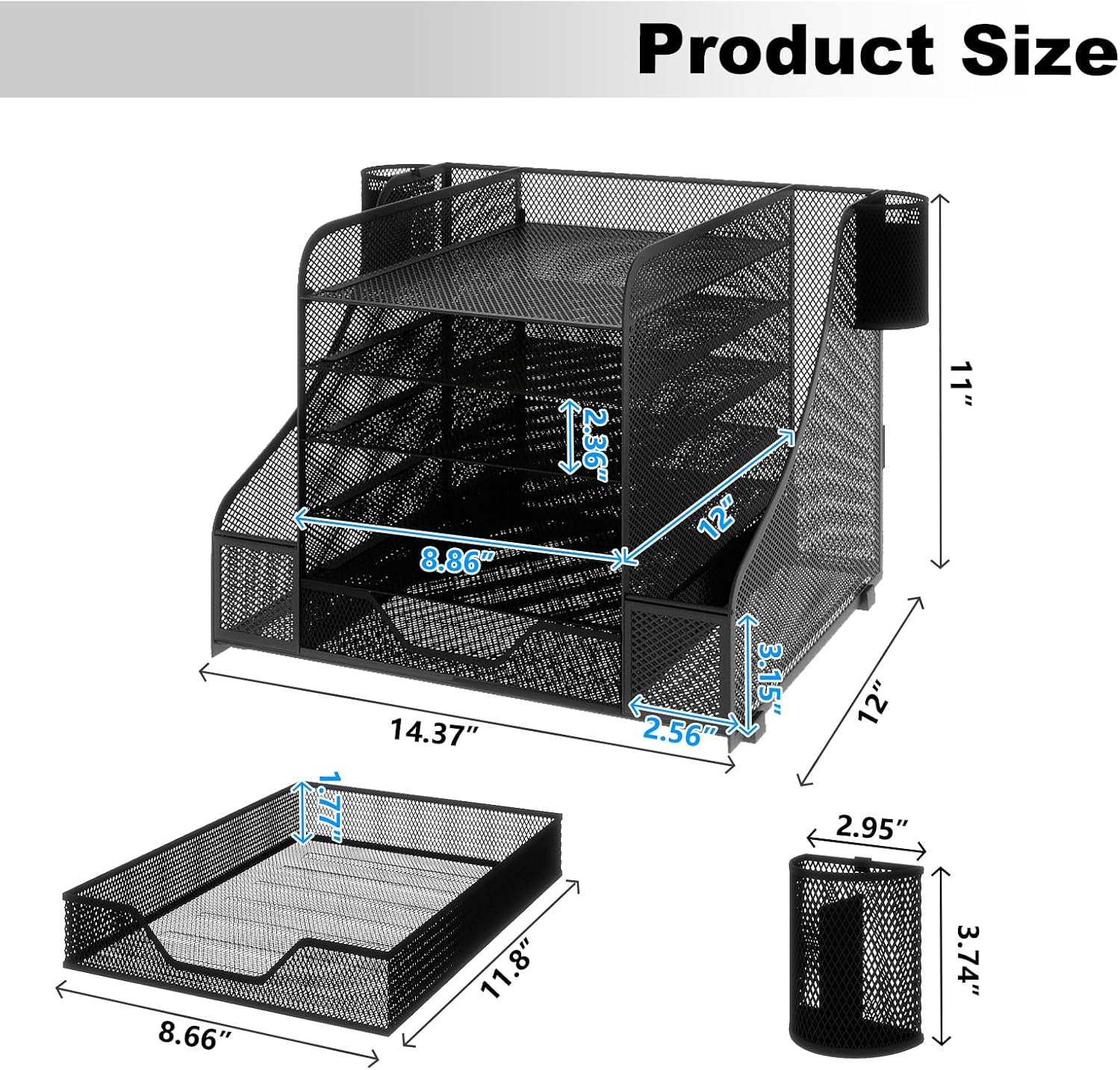 6-Tier Metal Mesh Paper Tray with Drawer and Pen Holder – Black