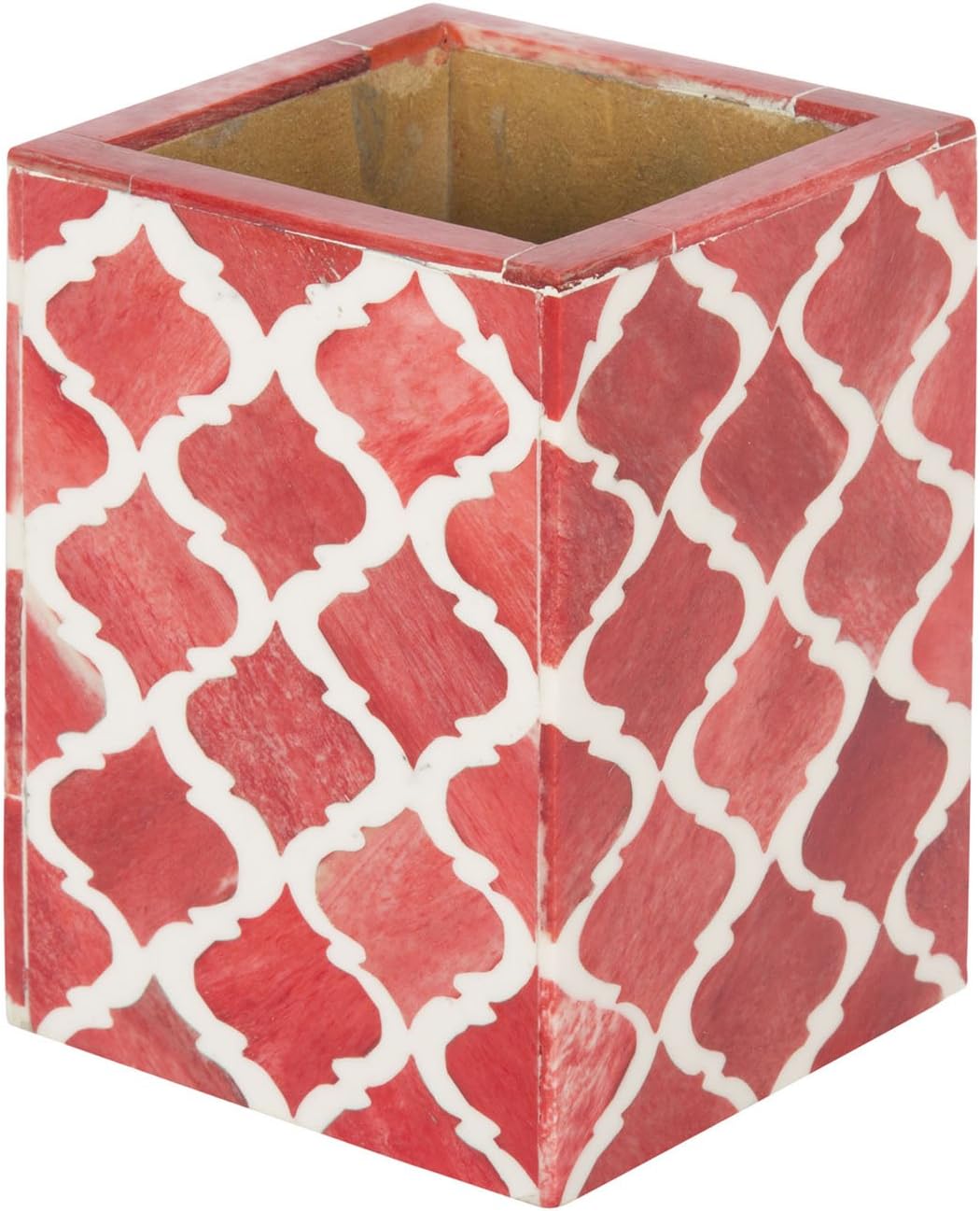 Bone Inlay Pen and Pencil Holder – Red, Handcrafted 3 x 3 x 4 Inch