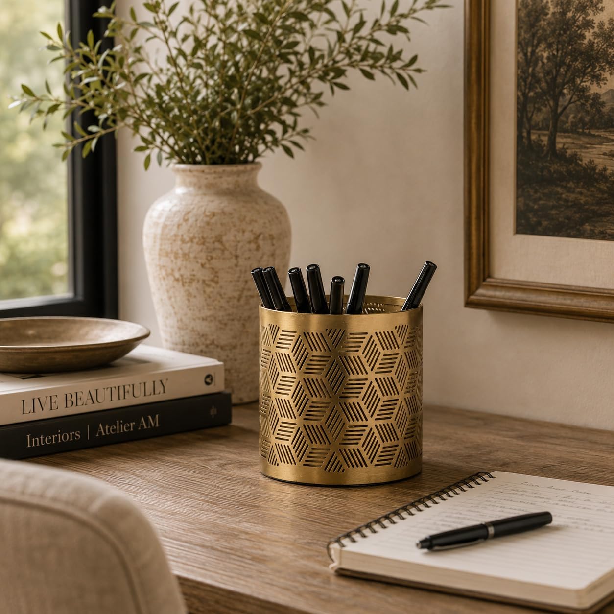 Geometric Laser-Cut Metal Pencil Cup – Gold, 4 Inch