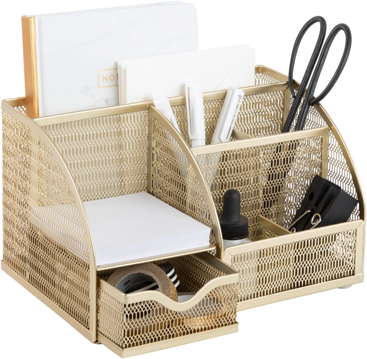Gold Metal Desk Caddy with Drawer – Six Compartments for Office Supplies