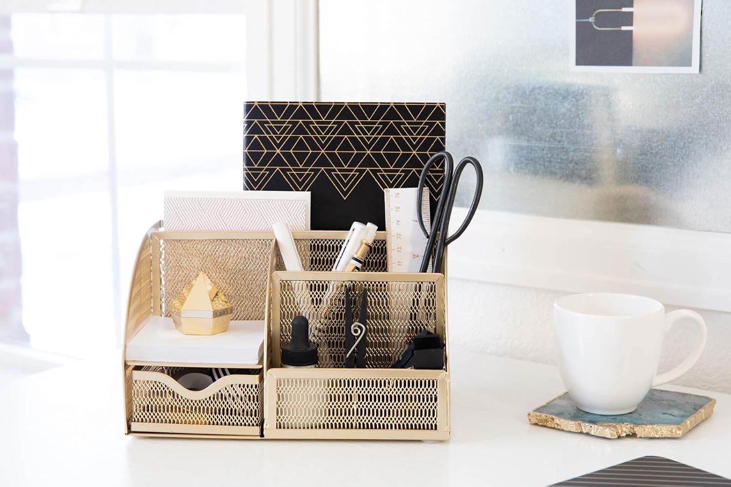 Gold Metal Desk Caddy with Drawer – Six Compartments for Office Supplies