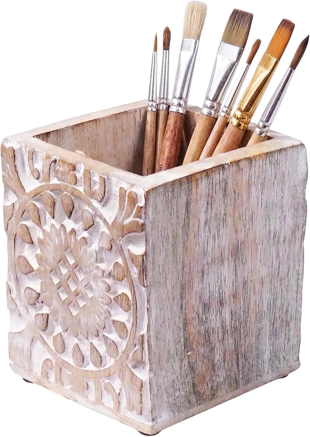 Hand-Carved Mango Wood Pen Holder with Felt Base – Whitewash
