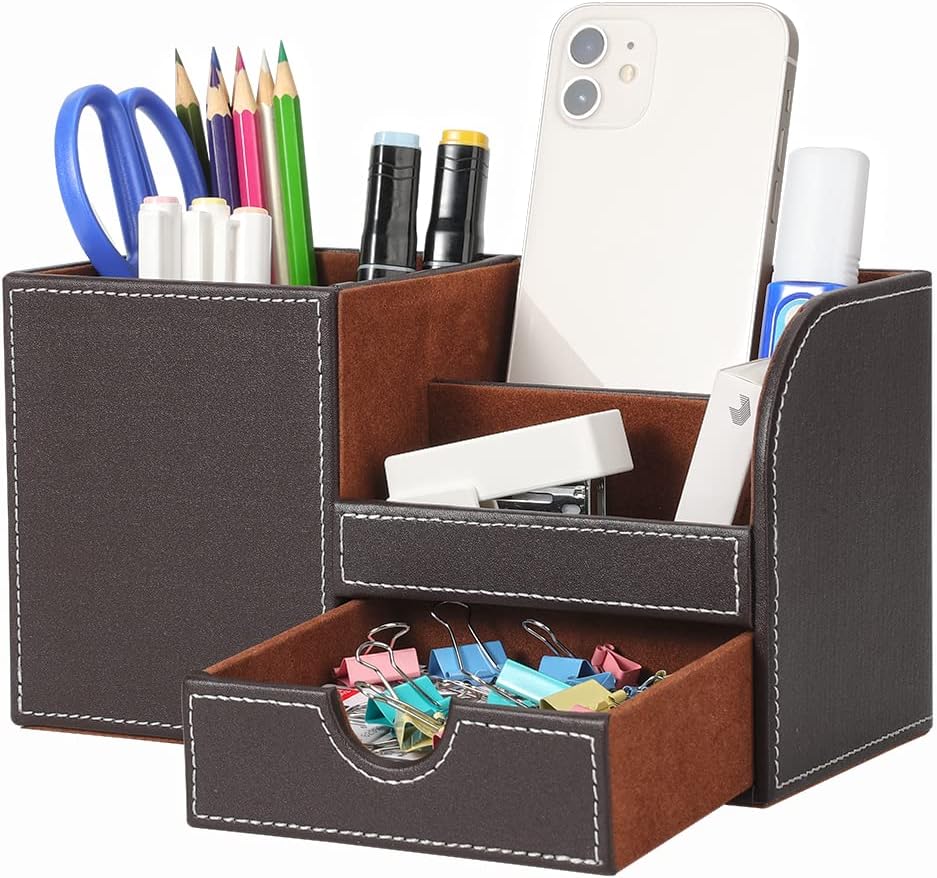 PU Leather Desk Caddy with Small Drawer – Brown