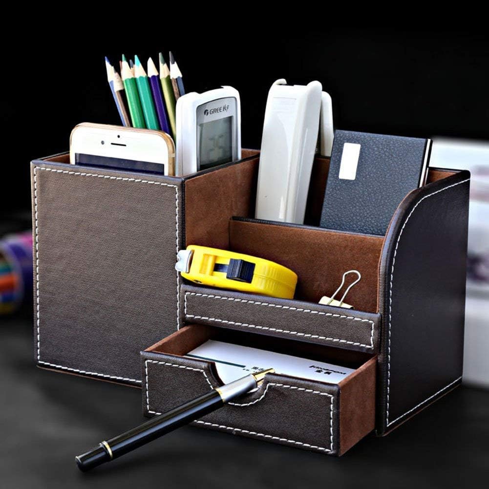 PU Leather Desk Caddy with Small Drawer – Brown