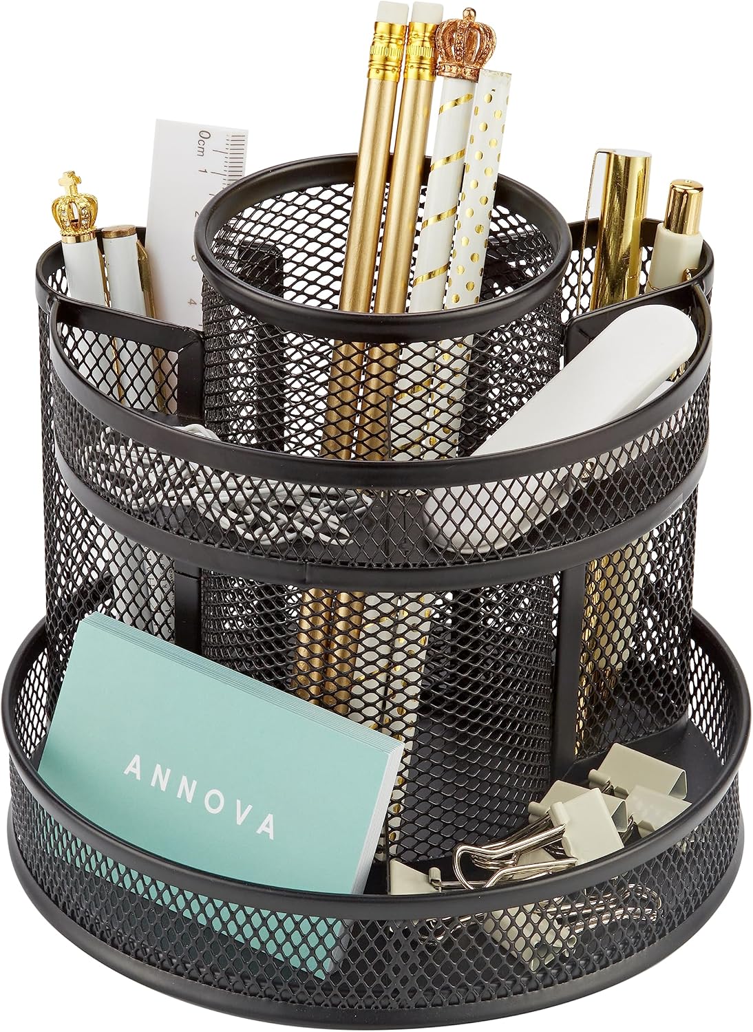 Rotating Mesh Desk Organiser with 5 Compartments – Black