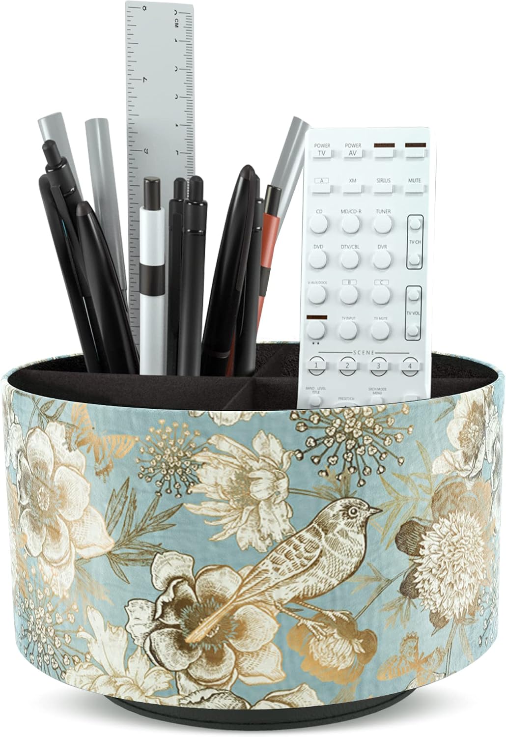 Rotating Round Leather Desk Organiser – 4 Compartments, Blue Bird