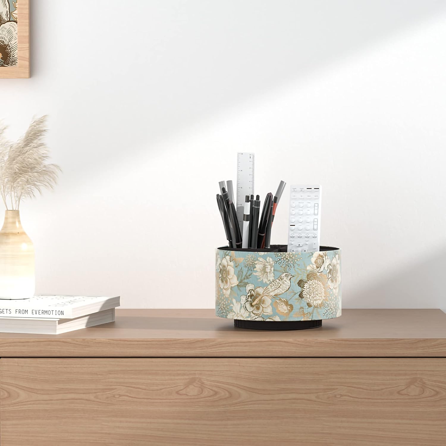 Rotating Round Leather Desk Organiser – 4 Compartments, Blue Bird