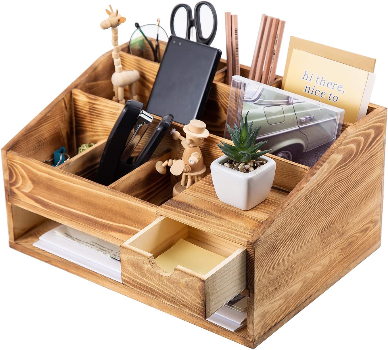 Wooden Desk Drawer Organiser with File Rack and Pen Holder