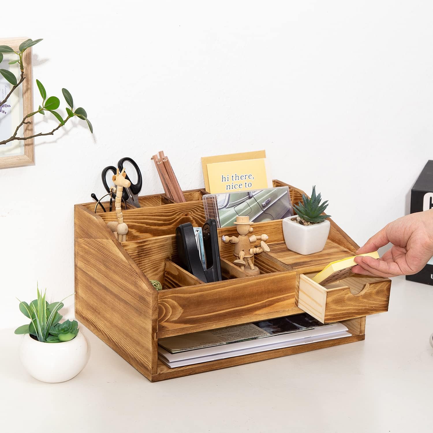 Wooden Desk Drawer Organiser with File Rack and Pen Holder