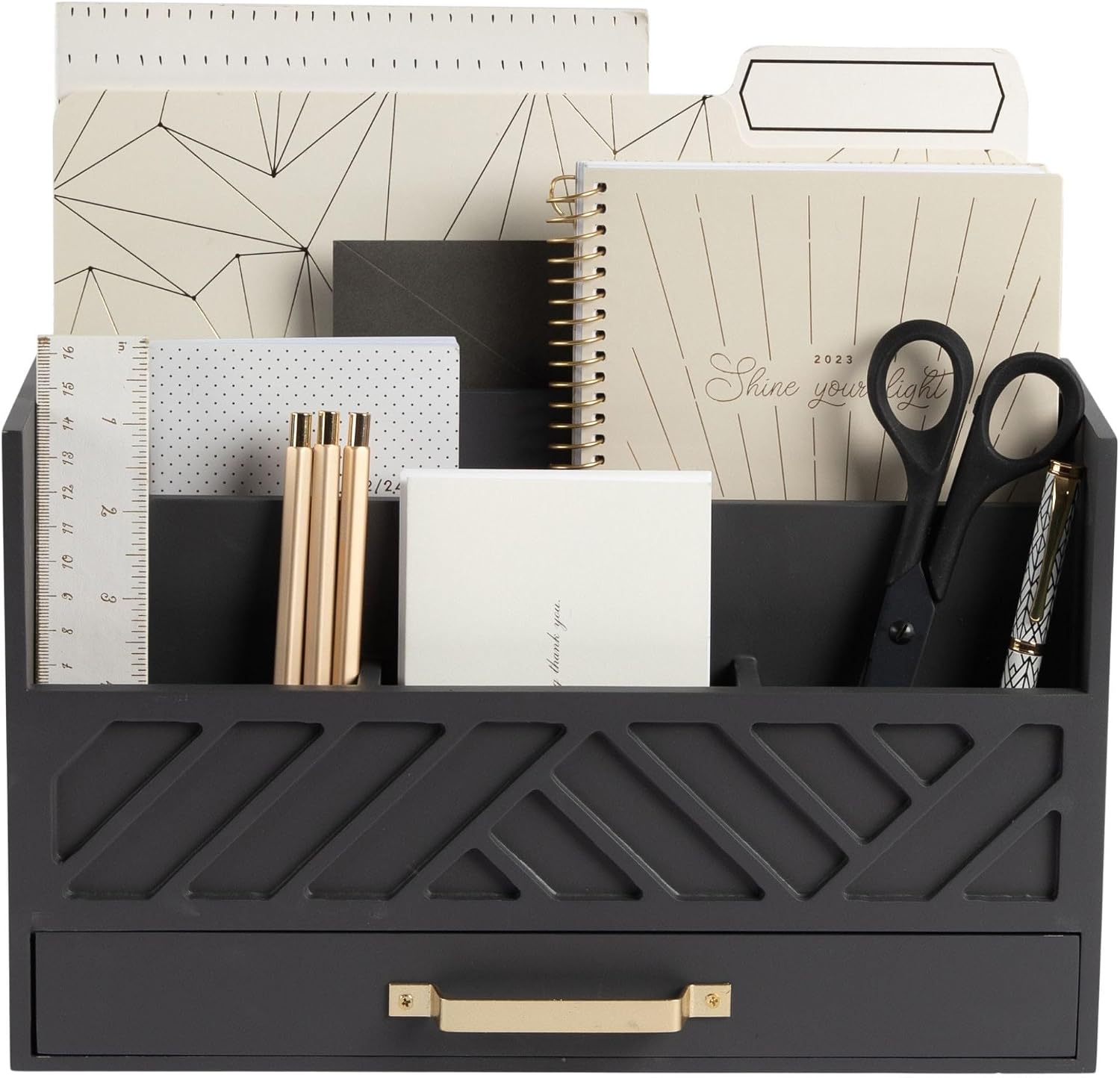 Wooden Mail Sorter with Drawer and Gold Handle – Grey Desktop Storage